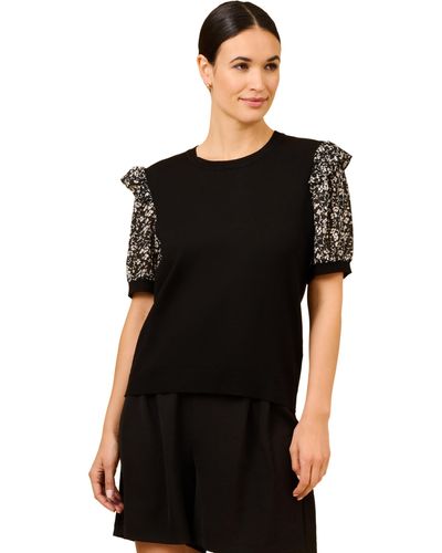Adrianna Papell Short Sleeve Printed Ruffle Shoulder Crew Neck Sweater - Black