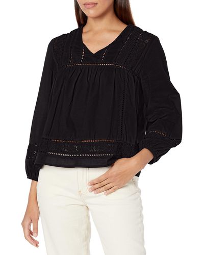 Lucky Brand Solid Knit V-Neck Long Sleeve Lace Inset Peasant Top