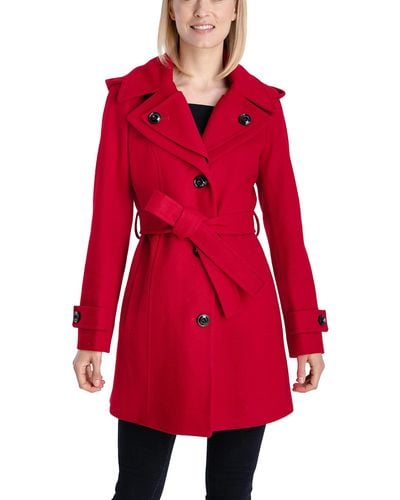 London Fog Womens Double Lapel Thigh Length Button Frontwool With Belt Wool Coat - Red