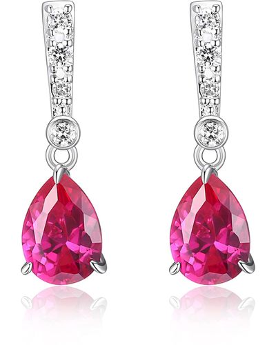 Amazon Essentials Platinum Over Sterling Silver Ruby And 1/10th Carat Total Weight Lab Grown Diamond Pear Linear Tear Drop Earrings - Pink