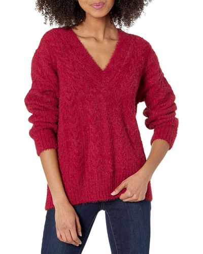 Lucky Brand Womens V-neck V Neck Relaxed Fit Eyelash Sweater - Red