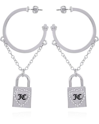 Juicy Couture Silvertone Open C Hoop Heart Lock Drop Dangle Earrings - White