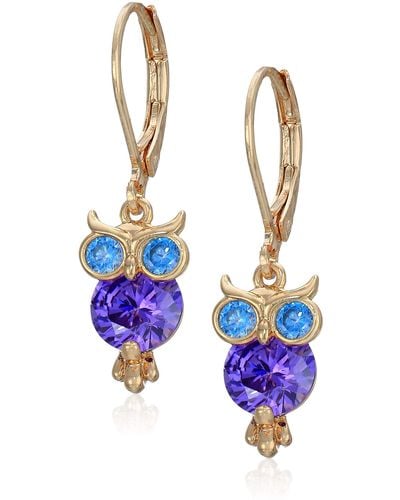 Betsey Johnson Cz Owl Drop Earrings - Blue