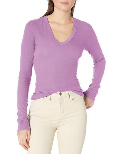 Enza Costa Womens Stretch Silk Rib Fitted Long Sleeve U-neck Top T Shirt - Purple