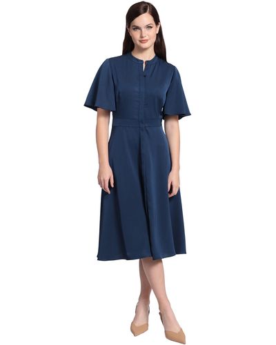 Maggy London Stand Collar Bell Sleeve Midi Dress - Blue