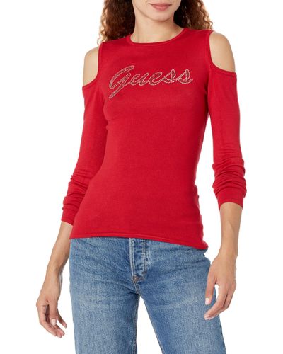 Guess Long Sleeve Cold Shoulder Logo Sweater - Red
