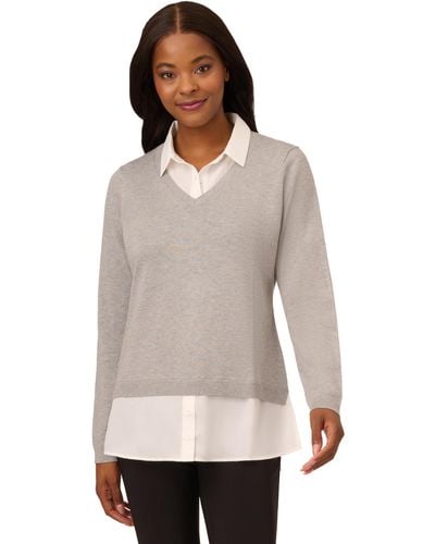 Adrianna Papell Solid V-neck Twofer Sweater - Gray