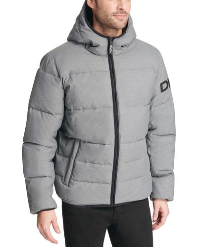 DKNY Water Resistant Ultra Loft Hooded Logo Puffer Jacket - Gray