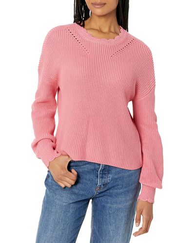 PAIGE Yenni Sweater In Scallop Neckline Slightly Cropped Super Soft Cotton In Sultry Rose - Red