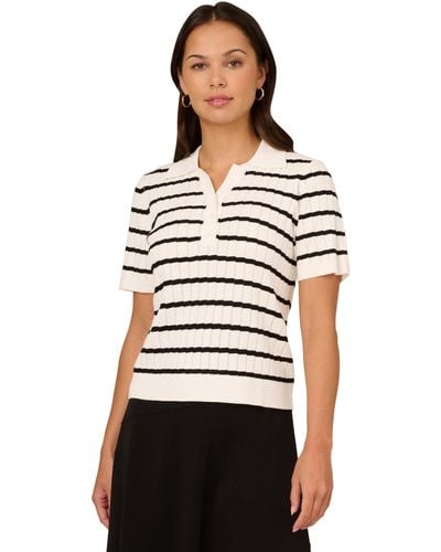 Adrianna Papell Pointelle Short Sleeve Polo Striped V-placket Sweater - White