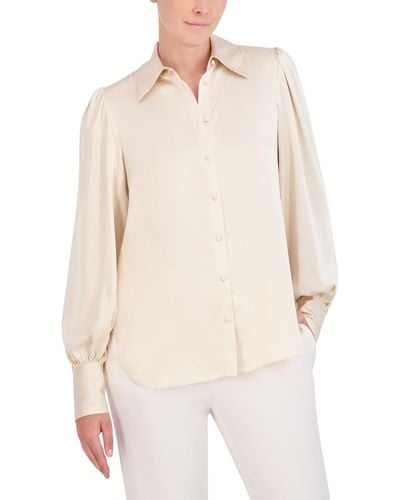 BCBGMAXAZRIA Long Ballon Sleeve Collar Neck Satin Shirt - White