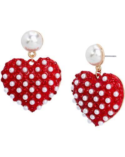 Betsey Johnson S Pearl Heart Drop Earrings - Red