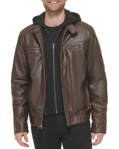 Calvin Klein Motorcycle Jacket With Removable Hoodie - Brown
