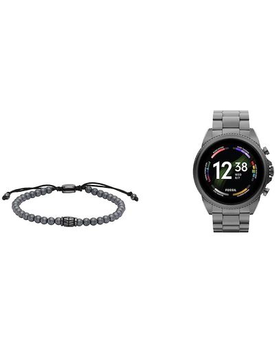 Fossil Gen 6 44mm Stainless Steel Touchscreen Smart Watch Beaded Hematite Bracelet - Black