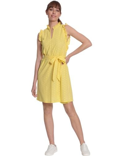 Maggy London London Times Ruffle Neck And Armhole Dress With Waist Tie - Yellow