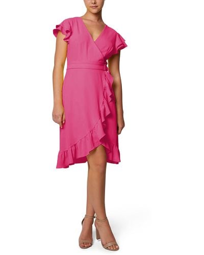 Laundry by Shelli Segal Short Sleeve Asymmetrical Knee Length Wrap Dress - Pink