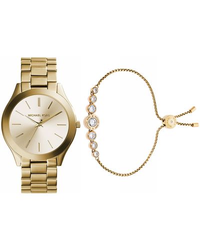 Michael Kors Slim Runway Three-hand Stainless Steel Quartz Watch Blush Rush Gold-tone Bead Bangle Bracelet - Metallic