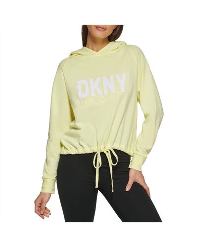 DKNY Hoodie Drawcord Terrycloth Logo Top - Yellow