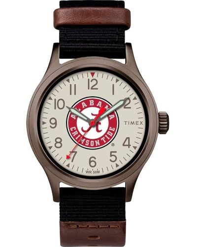 Timex Collegiate Clutch 40mm Watch – Alabama Crimson Tide With Black Fabric & Brown Leather
