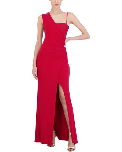BCBGMAXAZRIA Sleeveless Fit And Flare Long Evening Dress Adjustable Spaghetti Strap Asymmetrical Neck Front Slit - Red
