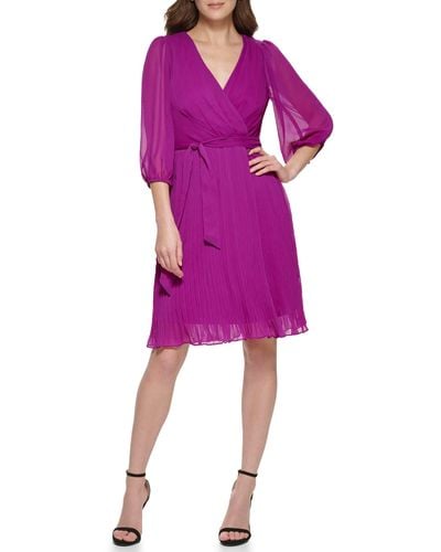 DKNY Pleated Faux Wrap Dress - Purple