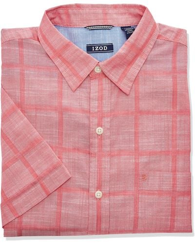 Izod Saltwater Short Sleeve Windowpane Button Down Shirt - Pink
