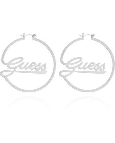 Guess Silvertone Logo Hoop Earrings - Metallic