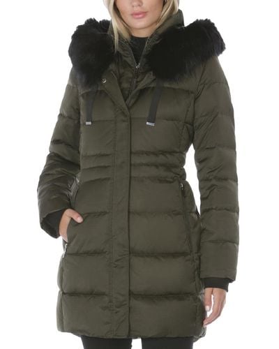 Tahari Fitted Puffer Jacket With Bib And Faux Fur Trimmed Hood - Green