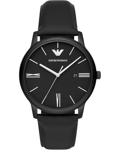 Emporio Armani Three-hand Date Black Leather Band Watch