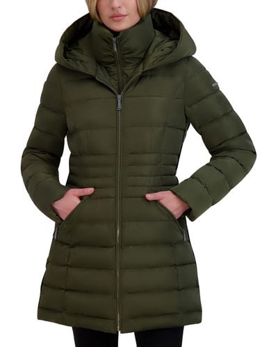 Laundry by Shelli Segal 3/4 Puffer Jacket With Hood And Velvet Trim - Green
