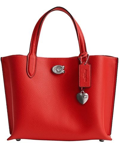 COACH Polished Pebble Leather Willow Tote 24 With Heart Charm - Red