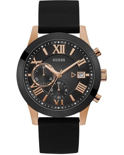 Guess Comfortable Black + Rose Gold-tone Stain Resistant Silicone Chronograph Watch With Date. Color:black/rose Gold-tone - Multicolor