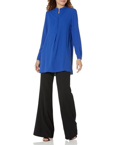 Anne Klein Pop-over Blouse With Covered Placket And - Blue