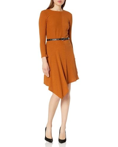 Sam Edelman Long Sleeve Asymmetrical Belted Midi Knit Dress - Orange