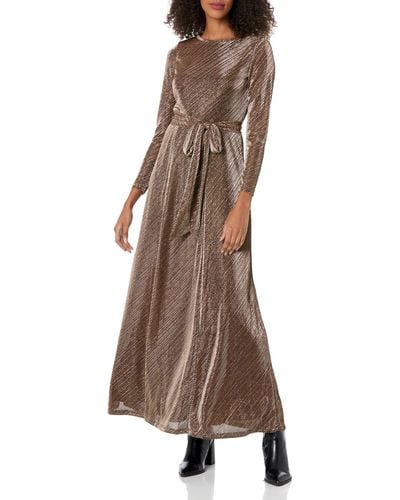 Anne Klein Printed Mesh L/s Maxi Dress Gold/pewter - Brown