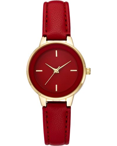 Amazon Essentials Faux Leather Strap Watch - Red