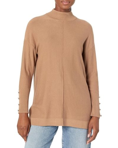 Anne Klein Mock Neck Sweater Long Sleeve With Buttons - Natural
