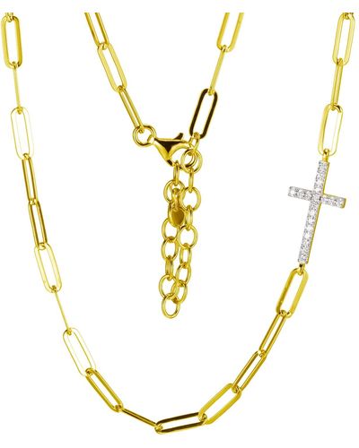 Amazon Essentials 18 Karat Yellow Gold Plated Sterling Silver Cubic Zirconia Asymmetric Cross Paperclip Chain Necklace - Metallic