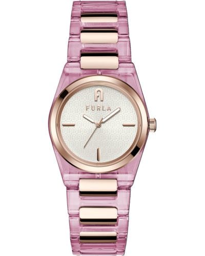 Furla Stainless Steel Rose Gold Tone & Pink Acetate Bracelet Watch - Multicolor