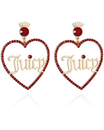 Juicy Couture Goldtone And Red Glass Stone Heart Drop Logo Earrings - Brown