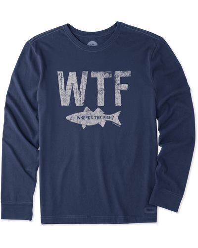 Life Is Good. Standard Crusher Graphic Long Sleeve T-shirt Where's The Fish - Blue