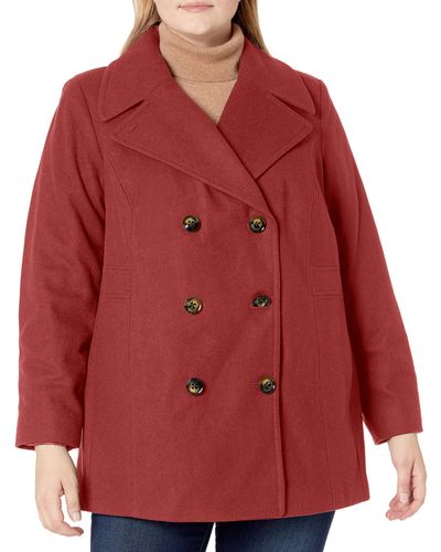 London Fog Womens Double-breasted Peacoat With Scarf Pea Coat - Red