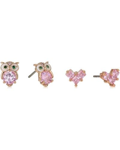 Betsey Johnson Cz Stone Delicate Owl & Heart Duo Stud Earrings Set - Pink