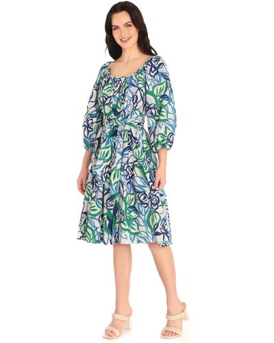 Maggy London Floral Printed 3/4 Sleeve Scoop Neck Dress With Waist Tie - Blue