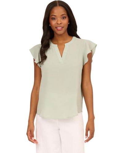 Adrianna Papell Solid Short Ruffle Sleeve Popover Blouse - Green