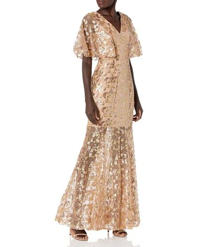 Dress the Population Lourdes Flutter Sleeve Sequin Lace Long Gown Dress - Multicolor