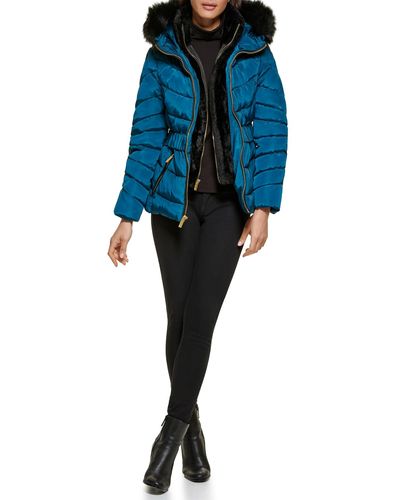 Guess Fur Lined Hood Cold Weather Puffer Coat - Blue
