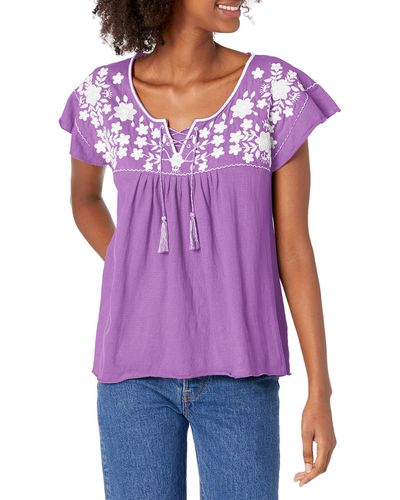 Lucky Brand Ruffle Sleeve Tie Neck Embroidered Boho Blouse - Purple