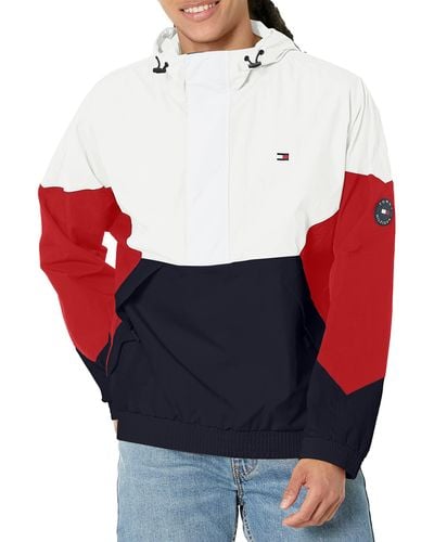 Tommy Hilfiger Retro Lightweight Taslan Hooded Popover Water Resistant Windbreaker Jacket - Red