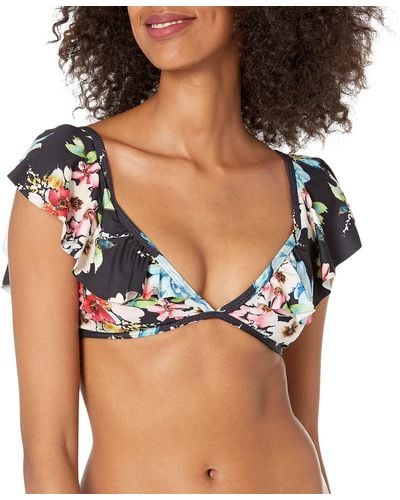Ella Moss Off Shoulder Floral Ruffle Swimsuit Bikini Top - Black